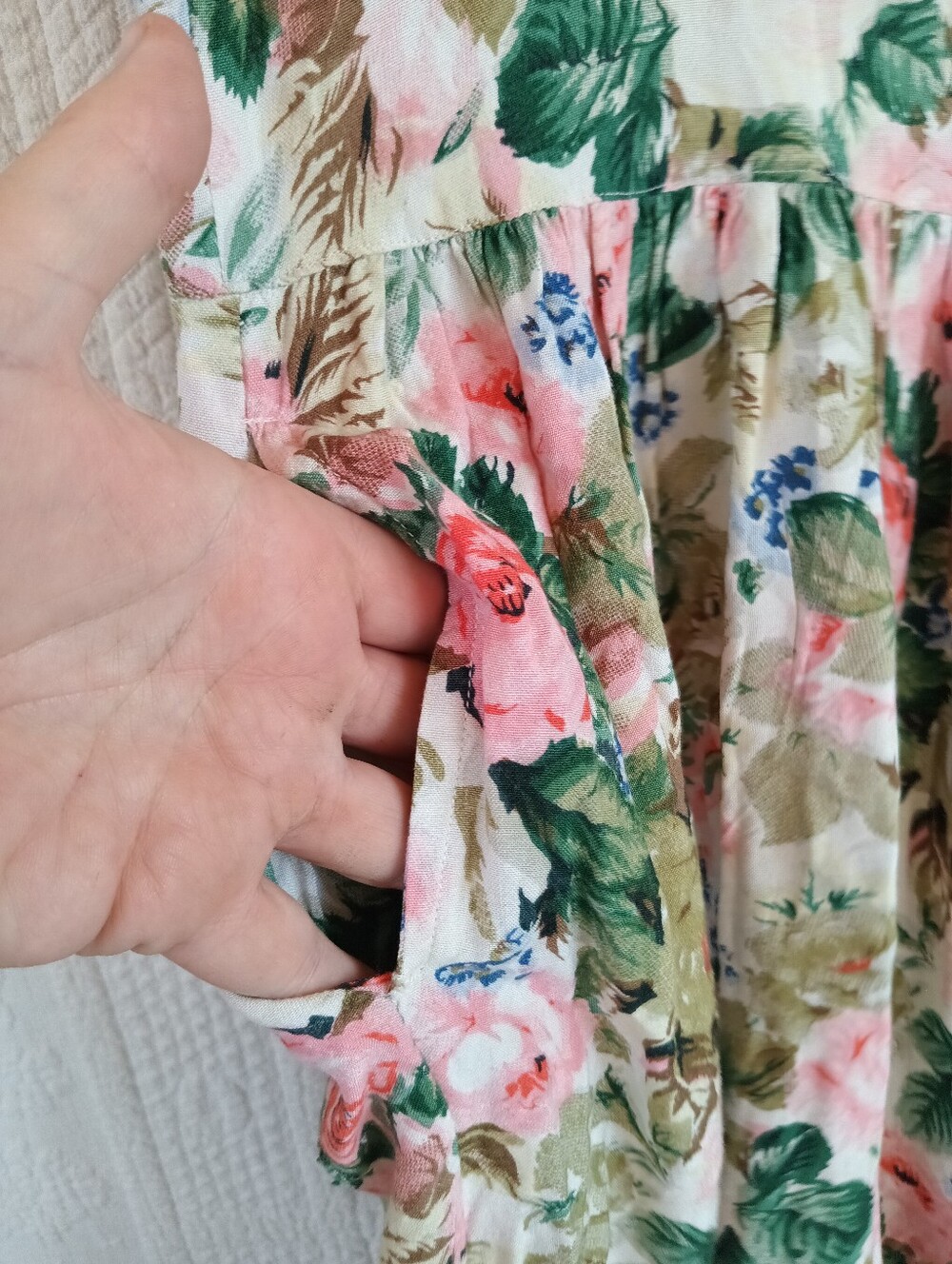 Vintage Garden Dress Floral Button-Front Midi Front Pocket Pink Green Soft Flowy - Picture 9 of 11